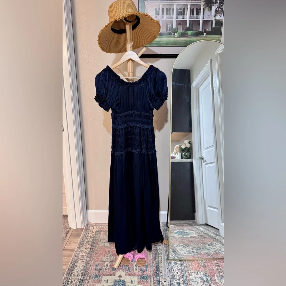 Doen Navy Blue Satin Midi Dress